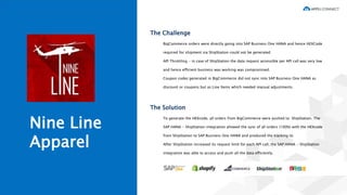 Nine Line
Apparel
The Challenge
BigCommerce orders were directly going into SAP Business One HANA and hence HEXCode
required for shipment via ShipStation could not be generated
API Throttling - in case of ShipStation the data request accessible per API call was very low
and hence efficient business was working was compromised.
Coupon codes generated in BigCommerce did not sync into SAP Business One HANA as
discount or coupons but as Line Items which needed manual adjustments.
The Solution
To generate the HEXcode, all orders from BigCommerce were pushed to ShipStation. The
SAP HANA - ShipStation integration allowed the sync of all orders (100%) with the HEXcode
from ShipStation to SAP Business One HANA and produced the tracking id.
After ShipStation increased its request limit for each API call, the SAP HANA - ShipStation
integration was able to access and push all the data efficiently.
 
