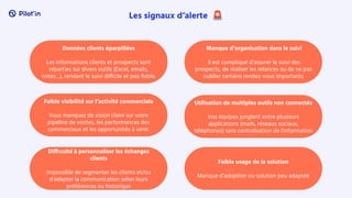 Les signaux d’alerte 🚨
Données clients éparpillées
Les informations clients et prospects sont
réparties sur divers outils (Excel, emails,
notes…), rendant le suivi difficile et peu ﬁable.
Manque d’organisation dans le suivi
Il est compliqué d’assurer le suivi des
prospects, de réaliser les relances ou de ne pas
oublier certains rendez-vous importants
Faible visibilité sur l’activité commerciale
Vous manquez de vision claire sur votre
pipeline de ventes, les performances des
commerciaux et les opportunités à venir.
Utilisation de multiples outils non connectés
Vos équipes jonglent entre plusieurs
applications (mails, réseaux sociaux,
téléphones) sans centralisation de l’information
Difficulté à personnaliser les échanges
clients
Impossible de segmenter les clients et/ou
d’adapter la communication selon leurs
préférences ou historique
Faible usage de la solution
Manque d’adoption ou solution peu adaptée
 