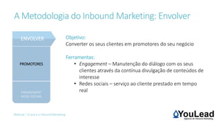 Webinar | O que é o Inbound Marketing
PROMOTORES
ENGAGEMENT
REDES SOCIAIS
ENVOLVER
A Metodologia do Inbound Marketing: Envolver
Objetivo:
Converter os seus clientes em promotores do seu negócio
Ferramentas:
• Engagement – Manutenção do diálogo com os seus
clientes através da contínua divulgação de conteúdos de
interesse
• Redes sociais – serviço ao cliente prestado em tempo
real
 