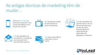 As antigas técnicas de marketing têm de
mudar…
Webinar | O que é o Inbound Marketing
Cerca de 200 milhões de
americanos colocaram o seu
número de telefone numa
lista de “Do not call”.
91% dos utilizadores de
email fizeram a remoção de
uma lista que tinham
anteriormente subscrito.
85% dos utilizadores de
internet entre os 25 e os
34 anos abandonaram
um dos seus sites
favoritos devido ao
aparecimento de
publicidade não
desejada ou irrelevante.
86% das pessoas mudam
de canal durante os
anúncios televisivos.
44% da correspondência
publicitária nunca é
aberta.
 