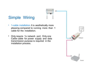 Simple Wiring
• 1-cable installation. It is aesthetically more
pleasing compared to running more than 1
cable for the installation.
• Only require 1x network port. Only one
Cat5e cable for power supply and data
transmission purpose is required in the
installation process.
 