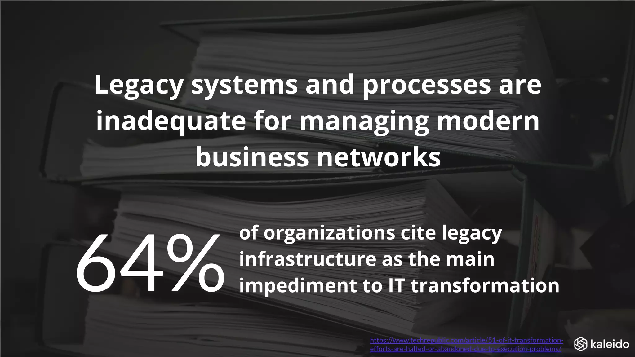 Legacy systems and processes are
inadequate for managing modern
business networks
of organizations cite legacy
infrastructure as the main
impediment to IT transformation64%
https://www.techrepublic.com/article/51-of-it-transformation-
efforts-are-halted-or-abandoned-due-to-execution-problems/
 