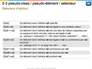 2-3 pseudo-class / pseudo-élément / sélecteur
Sélecteur d’attribut



E[att]        Un élément avec l’attribut att spécifié
E[att=val]    Un élément dont l’attribut att est égale à une certaine valeur
E[att~=val]   Un élément dont l’attribut att est une liste de valeurs séparées par
              un espace et dont une des valeurs est égale à val
              ex : p[class~=‘selected’] => <div class=‘button selected’> … </div>
E[att|=val]   Un élément dont l’attribut att est égale à val ou commence par val
              suivit de ‘-’
              ex : p[lang|=‘en’] => <p lang=‘en-US’> … </p>
E[att^=val]   Un élément dont l’attribut att commence par val
E[att$=val]   Un élément dont l’attribut att se termine par val
E[att*=val]   Un élément dont l’attribut att contient val



                     David Thevenin / ViniSketch / Copyright 2011 all rights reserved   11
 