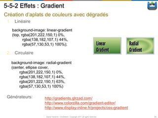 5-5-2 Effets : Gradient
Création d’aplats de couleurs avec dégradés
 1. Linéaire
   background-image: linear-gradient
   (top, rgba(201,222,150,1) 0%,
          rgba(138,182,107,1) 44%,
          rgba(57,130,53,1) 100%);

 2. Circulaire

   background-image: radial-gradient
   (center, ellipse cover,
       rgba(201,222,150,1) 0%,
       rgba(138,182,107,1) 44%,
       rgba(201,222,150,1) 63%,
       rgba(57,130,53,1) 100%)

 Générateurs:        http://gradients.glrzad.com/
                     http://www.colorzilla.com/gradient-editor/
                     http://www.display-inline.fr/projects/css-gradient

                      David Thevenin / ViniSketch / Copyright 2011 all rights reserved   25
 