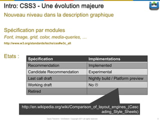 Intro: CSS3 - Une évolution majeure
Nouveau niveau dans la description graphique

Spécification par modules
Font, image, grid, color, media-queries, …
http://www.w3.org/standards/techs/css#w3c_all



Etats :         Spécification                                                   Implémentations
                Recommendation                                                  Implemented
                Candidate Recommendation                                        Experimental
                Last call draft                                                 Nightly build / Platform preview
                Working draft                                                   No 
                Retired


            http://en.wikipedia.org/wiki/Comparison_of_layout_engines_(Casc
                                                         ading_Style_Sheets)
                            David Thevenin / ViniSketch / Copyright 2011 all rights reserved                       3
 