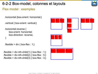6-2-2 Box-model, colonnes et layouts
Flex model : exemples

 .horizontal {box-orient: horizontal;}

 .vertical { box-orient: vertical;}

 .horizontal.reverse {
     box-orient: horizontal;
     box-direction: reverse;
  }

 .flexible > div { box-flex : 1;}


.flexible > div:nth-child(1) { box-flex : 1;}
.flexible > div:nth-child(2) { box-flex : 5;}
.flexible > div:nth-child(3) { box-flex : 3;}




                          David Thevenin / ViniSketch / Copyright 2011 all rights reserved   33
 