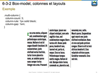 6-3-2 Box-model, colonnes et layouts
Exemple
 .multi-column {
   column-count: 3;
   column-rule: 1px solid black;
   column-gap: 1em;
 }




                        David Thevenin / ViniSketch / Copyright 2011 all rights reserved   35
 
