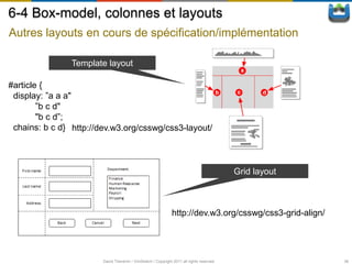 6-4 Box-model, colonnes et layouts
Autres layouts en cours de spécification/implémentation

                Template layout

#article {
 display: ”a a a"
        ”b c d"
        "b c d”;
 chains: b c d} http://dev.w3.org/csswg/css3-layout/




                                                                                           Grid layout



                                                               http://dev.w3.org/csswg/css3-grid-align/




                        David Thevenin / ViniSketch / Copyright 2011 all rights reserved                  36
 