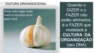 33
Quando o
DIZER e o
FAZER não
estão alinhados,
é o FAZER que
modelará a
CULTURA DA
ORGANIZAÇÃO
(seu DNA)
CULTURA ORGANIZACIONAL
 