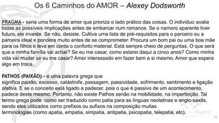 7474
PRAGMA - seria uma forma de amor que prioriza o lado prático das coisas. O indivíduo avalia
todas as possíveis implicações antes de embarcar num romance. Se o namoro aparente tiver
futuro, ele investe. Se não, desiste. Cultiva uma lista de pré-requisitos para o parceiro ou a
parceira ideal e pondera muito antes de se comprometer. Procura um bom pai ou uma boa mãe
para os filhos e leva em conta o conforto material. Está sempre cheio de perguntas. O que será
que a minha família vai achar? Se eu me casar, como estarei daqui a cinco anos? Como minha
vida vai mudar se eu me casar? Amor interessado em fazer bem a si mesmo, Amor que espera
algo em troca.
PATHOS (PAIXÃO) - é uma palavra grega que
significa paixão, excesso, catástrofe, passagem, passividade, sofrimento, sentimento e ligação
afetiva. E se o conceito está ligado a padecer, pois o que é passivo de um acontecimento,
padece deste mesmo. Portanto, não existe Pathos senão na mobilidade, na imperfeição. Tal
termo grego pode como ser traduzido como patia para as línguas neolatinas e anglo-saxãs,
sendo eles utilizados como prefixos ou sufixos na composição muitas
terminologias (como apatia, empatia, simpatia, antipatia, psicopatia, telepatia, etc).
Os 6 Caminhos do AMOR – Alexey Dodsworth
 