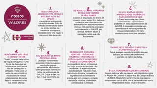 8
nossos
VALORES
SOU CONSULTOR /
ASSESSOR POR OPÇÃO E
NÃO POR FALTA DE
OPÇÃO
A adoção da profissão de
consultor deve ser fruto de
reflexão ponderada de todos
os prós e contras, de
maneira a considerar a
atividade como uma opção e
não como falta de opção.
1. SE NOSSO CLIENTE TRABALHA
ENTÃO NÓS TAMBÉM
TRABALHAMOS
Estamos à disposição do cliente 24
horas do nosso tempo. Em todos os
momentos que o cliente estiver
trabalhando em assuntos conexos
direta ou indiretamente ao projeto
em andamento, a GAUSS, por
osmose, também estará à
disposição, ainda que não
fisicamente.
2. EU VOU BUSCAR NOVOS
APRENDIZADOS SISTÊMICOS
PARA O RESTO DA VIDA
A busca incessante pelo último
conhecimento é característica
presente em todos os profissionais da
GAUSS. A obsessão constante pelo
aprendizado é marca registrada de
nossos colaboradores. O mero
academicismo nunca nos satisfará.
3.
NUNCA MAIS VOU USAR
O VERBO TENTAR
“Tentar”, o verbo mais inócuo
da língua portuguesa, é uma
forma de desculpar-se,
futuramente, pelo fato de
não ter conseguido o
almejado. Trata-se de um
verbo de uso proibido no
vocabulário de nossos
colaboradores. Devemos
fazer o necessário, e não
nos limitar a tentar.
4.
SOU ESCRAVO DE MINHA
PRÓPRIA LÍNGUA
Qualquer compromisso
assumido, incluindo aqueles
assumidos apenas
verbalmente, são tratados
como prioridade máxima por
todos os profissionais da
GAUSS. O que se fala, se
faz. O que se promete, se
cumpre.
5. DESENVOLVO CORAGEM /
VONTADE / DISCIPLINA /
INICIATIVA / CRIATIVIDADE /
CORDIALIDADE E HUMILDADE
ANTES DA COMPETÊNCIA
A competência de um profissional,
por mais importante que seja, não
nos basta. Os adjetivos acima
listados são pré-requisitos mais
valorizados do que a competência.
O profissional de consultoria
precisa agir com coragem, vontade,
disciplina, iniciativa, criatividade,
cordialidade e humildade.
6. ENSINO PELO EXEMPLO E NÃO PELA
CONSCIENTIZAÇÃO
Todo e qualquer conceito transmitido deve ser
aplicado, na prática, pelo profissional.
O exemplo é a melhor das lições.
7.
ÉTICA, TRANSPARÊNCIA E INTEGRIDADE
Nossos esforços são permeados pela obediência rígida
às Regras de Conduta (Capítulo 4) e ao Código de Ética
do IBCO (Capítulo 5) como forma de expressar o
compromisso com a ética, com a transparência e com a
integridade de nossa força de trabalho.
8.
 