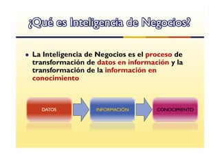 ¿Qué es Inteligencia de Negocios?

La Inteligencia de Negocios es el proceso de
transformación de datos en información y la
transformación de la información en
conocimiento
 
