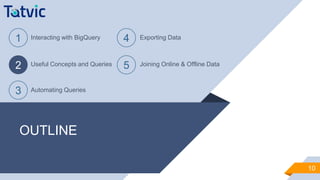 OUTLINE
10
1 Interacting with BigQuery
2 Useful Concepts and Queries
3 Automating Queries
4 Exporting Data
5 Joining Online & Offline Data
 