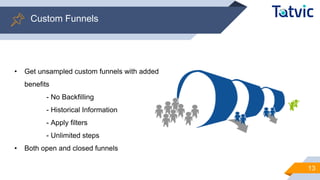Custom Funnels
13
• Get unsampled custom funnels with added
benefits
- No Backfilling
- Historical Information
- Apply filters
- Unlimited steps
• Both open and closed funnels
 