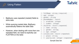 14
Using Flatten
Sample Data Set
• BigQuery uses repeated (nested) fields to
store data
• While querying nested data, BigQuery
automatically flattens the table data
• However, when dealing with more than one
repeated field, we need to explicitly use
FLATTEN on the table
 