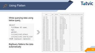 15
Using Flatten
While querying data using
below query,
BigQuery flattens the data
automatically
 