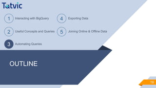 OUTLINE
19
1 Interacting with BigQuery
2 Useful Concepts and Queries
3 Automating Queries
4 Exporting Data
5 Joining Online & Offline Data
 