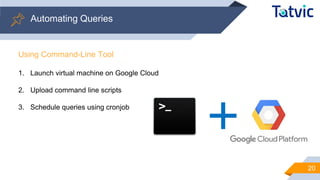 Automating Queries
20
Using Command-Line Tool
1. Launch virtual machine on Google Cloud
2. Upload command line scripts
3. Schedule queries using cronjob
 