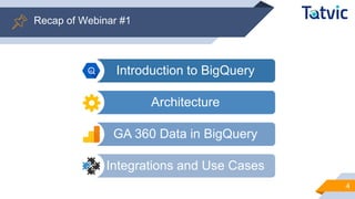 Recap of Webinar #1
4
Introduction to BigQuery
Architecture
GA 360 Data in BigQuery
Integrations and Use Cases
 