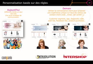 14
£$€
?
Personnalisation basée sur des règles
Aujourd’hui
Différents clients un seul
site-web
Une seule stratégie de
communication
Demain
Utiliser la connaissance client pour proposer
une expérience unique sur tous les canaux de
contact client (web , email, call center….)
Customer segment, age, diagnostic code,
wish list, Facebook like, product purchases…
 