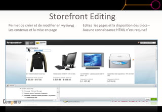 Permet de créer et de modifier en wysiwyg
Les contenus et la mise en page
Editez les pages et la disposition des blocs--
Aucune connaissance HTML n’est requise!
Storefront Editing
 