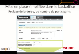 Mise en place simplifiée dans le backoffice
Réglage de la durée, du nombre de participants
Free Regular Shipping vs. % Off
Spend $100 Receive Free Regular Shipping versus Spend $100 and
Receive 10% Off
05/10/2011 3:16 pm
07/10/2011 3:16 pm
50
250
 