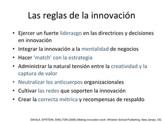 Las reglas de la innovación Ejercer un fuerte  liderazgo  en las directrices y decisiones en innovación Integrar la innovación a la  mentalidad  de negocios Hacer  ‘match’ con la estrategia Administrar la natural tensión entre la  creatividad y la captura de valor Neutralizar los anticuerpos  organizacionales Cultivar  las redes  que soporten la innovación Crear la  correcta métrica  y recompensas de respaldo DAVILA, EPSTEIN, SHELTON (2006)  Making innovation work . Wharton School Publishing. New Jersey. US. 