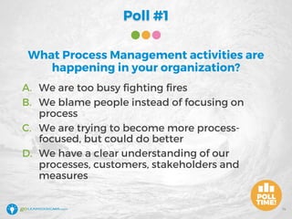 Poll #1
What Process Management activities are
happening in your organization?
14
A. We are too busy fighting fires
B. We blame people instead of focusing on
process
C. We are trying to become more process-
focused, but could do better
D. We have a clear understanding of our
processes, customers, stakeholders and
measures
 