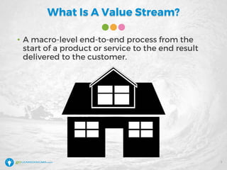 What Is A Value Stream?
• A macro-level end-to-end process from the
start of a product or service to the end result
delivered to the customer.
7
 