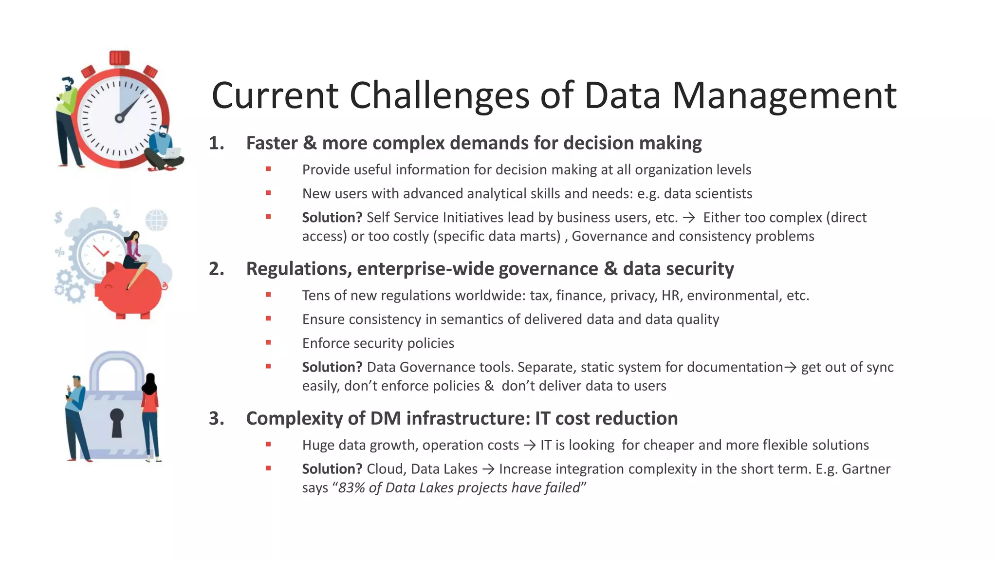 #DenodoDataFest
Current Challenges of Data Management
1. Faster & more complex demands for decision making
▪ Provide useful information for decision making at all organization levels
▪ New users with advanced analytical skills and needs: e.g. data scientists
▪ Solution? Self Service Initiatives lead by business users, etc. → Either too complex (direct
access) or too costly (specific data marts) , Governance and consistency problems
2. Regulations, enterprise-wide governance & data security
▪ Tens of new regulations worldwide: tax, finance, privacy, HR, environmental, etc.
▪ Ensure consistency in semantics of delivered data and data quality
▪ Enforce security policies
▪ Solution? Data Governance tools. Separate, static system for documentation→ get out of sync
easily, don’t enforce policies & don’t deliver data to users
3. Complexity of DM infrastructure: IT cost reduction
▪ Huge data growth, operation costs → IT is looking for cheaper and more flexible solutions
▪ Solution? Cloud, Data Lakes → Increase integration complexity in the short term. E.g. Gartner
says “83% of Data Lakes projects have failed”
 
