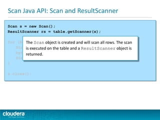 Scan Java API: Scan and ResultScanner
Scan s = new Scan();
ResultScanner rs = table.getScanner(s);
for (Result r : rs) {
String rowKey = Bytes.toString(r.getRow());
byte[] b = r.getValue(FAMILY_BYTES, COLUMN_BYTES);
String user = Bytes.toString(b);
}
s.close();
The Scan object is created and will scan all rows. The scan
is executed on the table and a ResultScanner object is
returned.
 