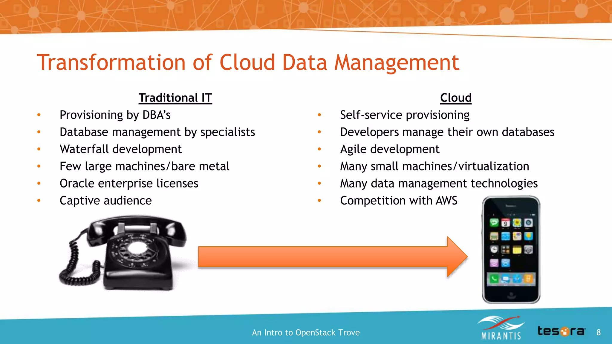 Traditional IT
• Provisioning by DBA’s
• Database management by specialists
• Waterfall development
• Few large machines/bare metal
• Oracle enterprise licenses
• Captive audience
Cloud
• Self-service provisioning
• Developers manage their own databases
• Agile development
• Many small machines/virtualization
• Many data management technologies
• Competition with AWS
Transformation of Cloud Data Management
An Intro to OpenStack Trove 8
 