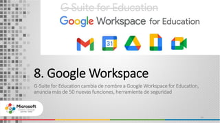 8. Google Workspace
G-Suite for Education cambia de nombre a Google Workspace for Education,
anuncia más de 50 nuevas funciones, herramienta de seguridad
14
 
