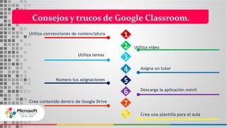 Consejos y trucos de Google Classroom.
Utiliza convenciones de nomenclatura
Utiliza temas
Numera tus asignaciones
Crea contenido dentro de Google Drive
Utiliza vídeo
Asigna un tutor
Descarga la aplicación móvil
Crea una plantilla para el aula
1
2
8
3
4
5
6
7
 