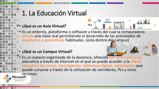 1. La Educación Virtual
• ¿Qué es un Aula Virtual?
• Es un entorno, plataforma o software a través del cual la computadora
simula una clase real permitiendo el desarrollo de las actividades de
enseñanza y aprendizaje habituales. (esta dentro del campus)
• ¿Qué es un Campus Virtual?
• Es un espacio organizado de la docencia, ofrecida por una institución
educativa a través de Internet en el que se puede acceder a la oferta
educativa de cursos, investigación, biblioteca digital, repositorios que
puede cursarse a través de la utilización de servidores, Pcs y otros
recursos.
 