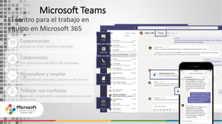 Microsoft Teams
34
Comunicación
a través de chats, reunions y llamadas
Colaboración
Con aplicaciones de Office 365 integradas
Personalizar y ampliar
con aplicaciones, procesos y dispositivos de terceros
Trabajar con confianza
seguridad, cumplimiento y capacidad de gestión a nivel
empresarial
 