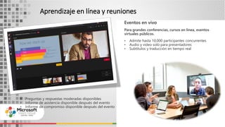 Aprendizaje en línea y reuniones
37
Eventos en vivo
Para grandes conferencias, cursos en línea, eventos
virtuales públicos.
• Admite hasta 10,000 participantes concurrentes
• Audio y video solo para presentadores
• Subtítulos y traducción en tiempo real
• Preguntas y respuestas moderadas disponibles
• Informe de asistencia disponible después del evento
• Informe de compromiso disponible después del evento
 