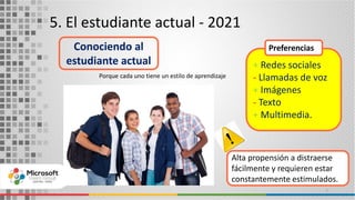 5. El estudiante actual - 2021
7
Conociendo al
estudiante actual + Redes sociales
- Llamadas de voz
+ Imágenes
- Texto
+ Multimedia.
Alta propensión a distraerse
fácilmente y requieren estar
constantemente estimulados.
Preferencias
Porque cada uno tiene un estilo de aprendizaje
 