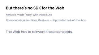 But there’s no SDK for the Web
Native is made "easy" with these SDKs
Components, Animations, Gestures - all provided out-of-the-box
The Web has to reinvent these concepts.
 