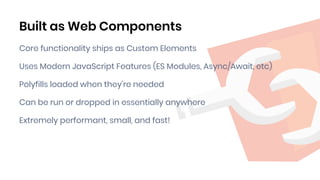 Built as Web Components
Core functionality ships as Custom Elements
Uses Modern JavaScript Features (ES Modules, Async/Await, etc)
Polyfills loaded when they're needed
Can be run or dropped in essentially anywhere
Extremely performant, small, and fast!
 