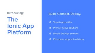 The
Ionic App
Platform
Introducing:
✓ Visual app builder
✓ Premier native solutions
✓ Mobile DevOps services
✓ Enterprise support & advisory
Build. Connect. Deploy.
 