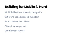 Building for Mobile is Hard
Multiple Platform styles to design for
Different code bases to maintain
More developers to hire
Steep learning curve
What about PWAs?
 