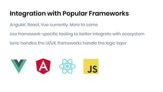 Integration with Popular Frameworks
Angular, React, Vue currently. More to come
Use framework-specific tooling to better i...