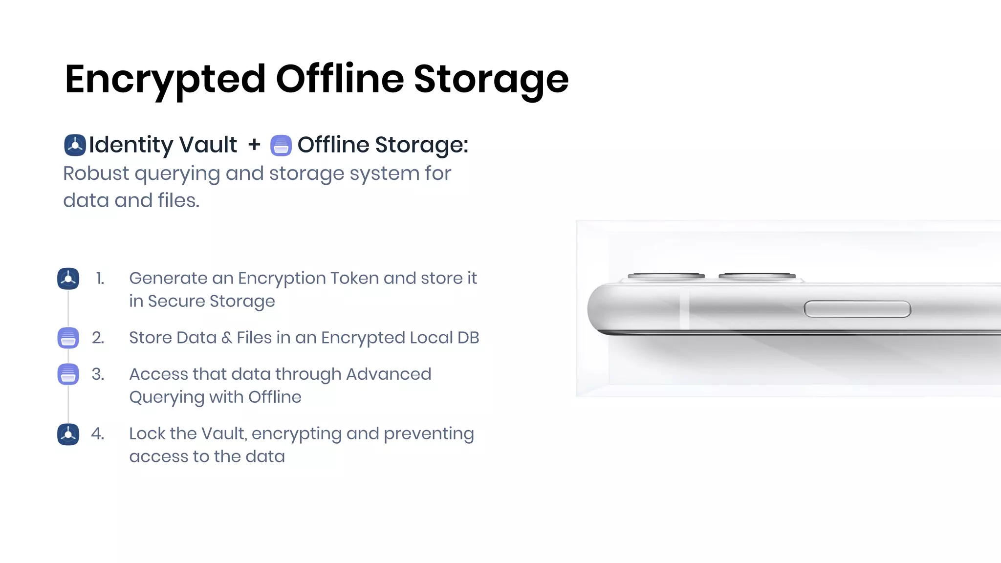 Identity Vault + Offline Storage:
Robust querying and storage system for
data and files.
1. Generate an Encryption Token and store it
in Secure Storage
2. Store Data & Files in an Encrypted Local DB
3. Access that data through Advanced
Querying with Offline
4. Lock the Vault, encrypting and preventing
access to the data
Encrypted Offline Storage
 