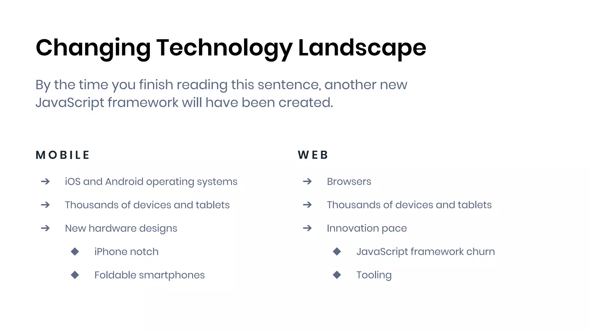 Changing Technology Landscape
By the time you finish reading this sentence, another new
JavaScript framework will have been created.
M O B I L E
➔ iOS and Android operating systems
➔ Thousands of devices and tablets
➔ New hardware designs
◆ iPhone notch
◆ Foldable smartphones
W E B
➔ Browsers
➔ Thousands of devices and tablets
➔ Innovation pace
◆ JavaScript framework churn
◆ Tooling
 