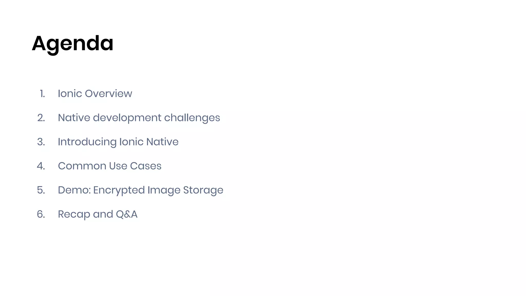 Agenda
1. Ionic Overview
2. Native development challenges
3. Introducing Ionic Native
4. Common Use Cases
5. Demo: Encrypted Image Storage
6. Recap and Q&A
 