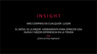 ¿Cómo lo hizo Sephora?
MÁS COMPRAS EN CUALQUIER LUGAR
EL MÓVIL ES LA MEJOR HERRAMIENTA PARA OFRECER UNA
NUEVA Y MEJOR EXPERIENCIA EN LA TIENDA
EL CC
 