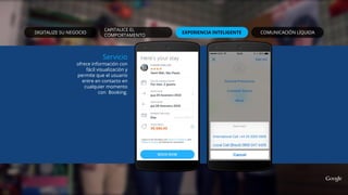 DIGITALIZE SU NEGOCIO
CAPITALICE EL
COMPORTAMENTO
EXPERIENCIA INTELIGENTE COMUNICACIÓN LÍQUIDA
Servicio
ofrece información con
fácil visualización y
permite que el usuario
entre en contacto en
cualquier momento
con Booking.
 