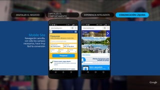DIGITALIZE EL NEGOCIO
CAPITALIZE EL
COMPORTAMENTO
COMUNICACIÓN LÍQUIDAEXPERIENCIA INTELIGENTE
Mobile Site
Navegación sencilla,
con sólo los campos
necesarios, hace muy
fácil la conversión
 