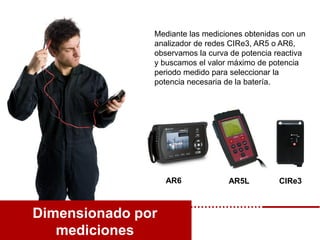 Dimensionado por
mediciones
Mediante las mediciones obtenidas con un
analizador de redes CIRe3, AR5 o AR6,
observamos la curva de potencia reactiva
y buscamos el valor máximo de potencia
periodo medido para seleccionar la
potencia necesaria de la batería.
AR6 AR5L CIRe3
 